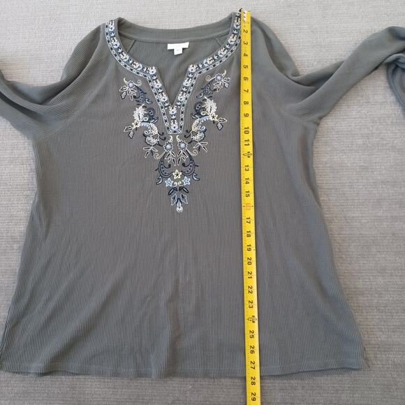J Jill Top Women L Green Thermal Waffle Embroidery Minimal‎ V Neck Casual - Picture 6 of 9